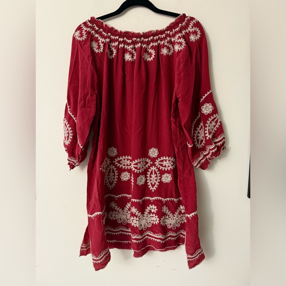 Sundance Crimson Minidress/Tunic with Beige Embroidery, 100% Silk (no size tag) - Picture 9 of 9